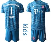 Wholesale Cheap Bayern Munchen #1 Neuer Light Blue Goalkeeper Kid Soccer Club Jersey