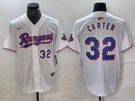 Cheap Men\'s Texas Rangers #32 Evan Carter Number White 2023 World Series Champions Cool Base Jerseys