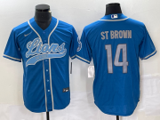 Wholesale Cheap Men's Detroit Lions #14 Amon Ra St Brown Blue With Patch Cool Base Stitched Baseball Jersey