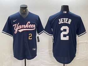 Cheap Men\'s New York Yankees #2 Derek Jeter Number Navy Cool Base Stitched Baseball Jersey