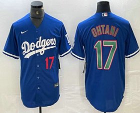 Cheap Men\'s Los Angeles Dodgers #17 Shohei Ohtani Number Blue Green Stitched Cool Base Nike Jersey