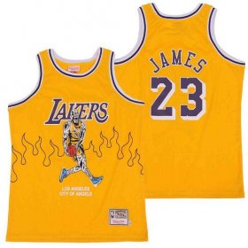 Wholesale Cheap Men\'s Los Angeles Lakers #23 LeBron James Yellow Hardwood Classics Skull Edition Jersey