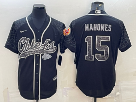 Wholesale Cheap Men\'s Kansas City Chiefs #15 Patrick Mahomes Black Reflective With Patch Cool Base Stitched Baseball Jersey