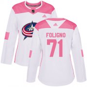 Wholesale Cheap Adidas Blue Jackets #71 Nick Foligno White/Pink Authentic Fashion Women's Stitched NHL Jersey