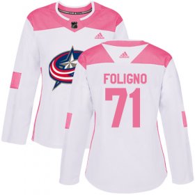Wholesale Cheap Adidas Blue Jackets #71 Nick Foligno White/Pink Authentic Fashion Women\'s Stitched NHL Jersey