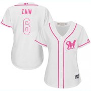 Wholesale Cheap Brewers #6 Lorenzo Cain White/Pink Fashion Women's Stitched MLB Jersey