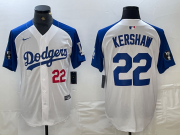 Cheap Mens Los Angeles Dodgers #22 Clayton Kershaw Number White Blue Fashion Stitched Cool Base Limited Jersey