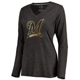 Wholesale Cheap Women\'s Milwaukee Brewers Gold Collection Long Sleeve V-Neck Tri-Blend T-Shirt Black