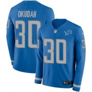 Wholesale Cheap Nike Lions #30 Jeff Okudah Blue Team Color Youth Stitched NFL Limited Therma Long Sleeve Jersey