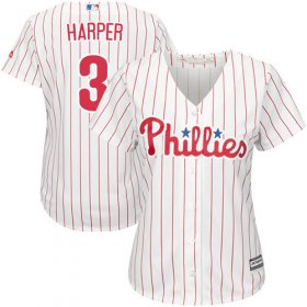 Wholesale Cheap Phillies #3 Bryce Harper White(Red Strip) Home Women\'s Stitched MLB Jersey