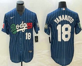 Cheap Men\'s Los Angeles Dodgers #18 Yoshinobu Yamamoto Number Navy Blue Pinstripe Mexico 2020 World Series Cool Base Nike Jersey