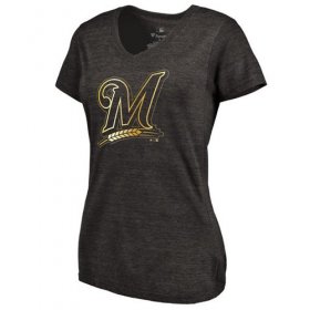 Wholesale Cheap Women\'s Milwaukee Brewers Fanatics Apparel Gold Collection V-Neck Tri-Blend T-Shirt Black