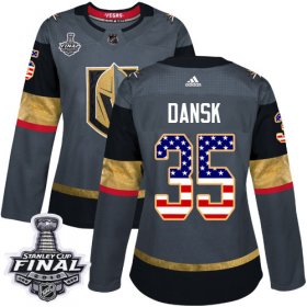 Wholesale Cheap Adidas Golden Knights #35 Oscar Dansk Grey Home Authentic USA Flag 2018 Stanley Cup Final Women\'s Stitched NHL Jersey