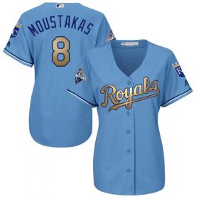 Wholesale Cheap Royals #8 Mike Moustakas Light Blue Women\'s 2015 World Series Champions Gold Program Cool Base Stitched MLB Jersey