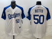 Cheap Men's Los Angeles Dodgers #50 Mookie Betts Number White Blue Fashion Stitched Cool Base Limited Jersey