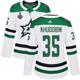 Cheap Adidas Stars #35 Anton Khudobin White Road Authentic Women\'s 2020 Stanley Cup Final Stitched NHL Jersey