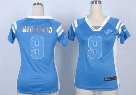 Wholesale Cheap Nike Lions #9 Matthew Stafford Light Blue Team Color Women\'s Stitched NFL Elite Draft Him Shimmer Jersey