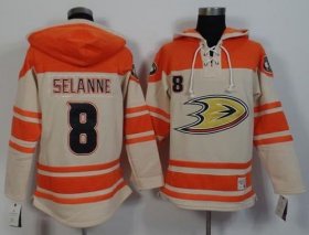 Wholesale Cheap Ducks #8 Teemu Selanne Cream/Orange Sawyer Hooded Sweatshirt Stitched NHL Jersey