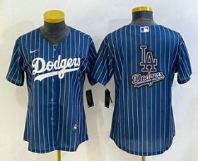 Cheap Women\'s Los Angeles Dodgers Big Logo Navy Blue Pinstripe Stitched MLB Cool Base Nike Jerseys