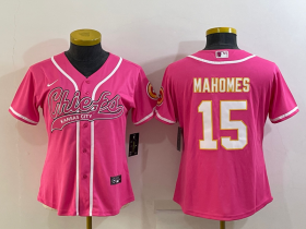 Wholesale Cheap Women\'s Kansas City Chiefs #15 Patrick Mahomes Pink White With Patch Cool Base Stitched Baseball Jersey