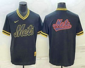 Cheap Men\'s New York Mets Big Logo Black Gold Nike Cooperstown Legend V Neck Jerseys