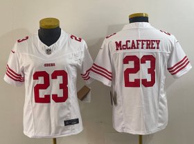 Cheap Women\'s San Francisco 49ers #23 Christian McCaffrey White 2023 F.U.S.E. Vapor Untouchable Football Stitched Jersey(Run Small)