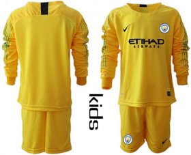 Wholesale Cheap Manchester City Blank Yellow Goalkeeper Long Sleeves Kid Soccer Club Jersey