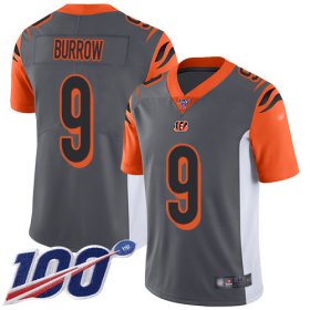 Wholesale Cheap Nike Bengals #9 Joe Burrow Silver Men\'s Stitched NFL Limited Inverted Legend 100th Season Jersey