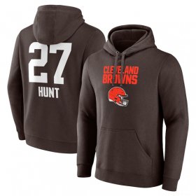 Cheap Men\'s Cleveland Browns #27 Kareem Hunt Brown Team Wordmark Player Name & Number Pullover Hoodie