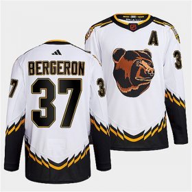 Wholesale Cheap Men\'s Boston Bruins #37 Patrice Bergeron 2022 White Reverse Retro Stitched Jersey