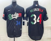 Cheap Men's Los Angeles Dodgers #34 Fernando Valenzuela Number Mexico Black Cool Base Stitched Baseball Jerseys