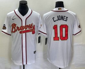 Wholesale Cheap Men\'s Atlanta Braves #10 Chipper Jones 2022 White Gold World Series Champions Program Cool Base Stitched Baseball Jersey