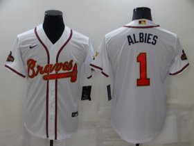 Wholesale Cheap Men\'s Atlanta Braves #1 Ozzie Albies 2022 White Gold World Series Champions Program Cool Base Stitched Baseball Jersey