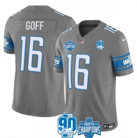 Cheap Men\'s Detroit Lions #16 Jared Goff Gray 2023 90th Anniversary North Division Champions Patch Limited Stitched Jersey