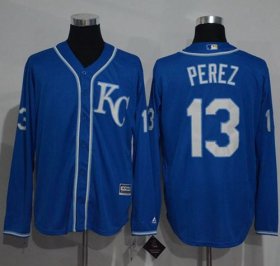 Wholesale Cheap Royals #13 Salvador Perez Blue New Cool Base Long Sleeve Stitched MLB Jersey