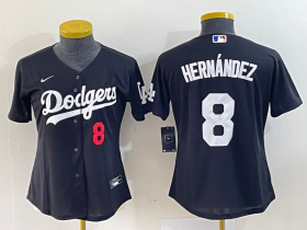 Wholesale Cheap Women\'s Los Angeles Dodgers #8 Kike Hernandez Number Black Stitched Cool Base Nike Jersey