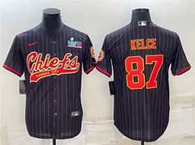 Wholesale Cheap Men\'s Kansas City Chiefs #87 Travis Kelce Black With Super Bowl LVII Patch Cool Base Stitched Baseball Jersey