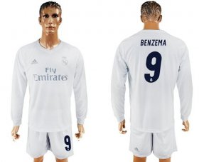Wholesale Cheap Real Madrid #9 Benzema Marine Environmental Protection Home Long Sleeves Soccer Club Jersey