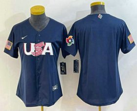 Cheap Women\'s USA Baseball Blank 2023 Navy World Classic Stitched Jersey