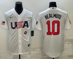 Cheap Men\'s USA Baseball #10 JT Realmuto 2023 White World Baseball Classic Stitched Jerseys