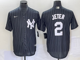 Wholesale Cheap Men\'s New York Yankees #2 Derek Jeter Black Pinstripe Cool Base Stitched Baseball Jersey