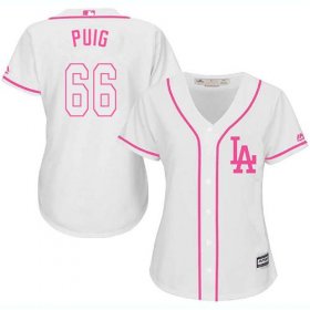 Wholesale Cheap Dodgers #66 Yasiel Puig White/Pink Fashion Women\'s Stitched MLB Jersey