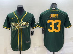 Wholesale Cheap Men\'s Green Bay Packers #33 Aaron Jones Green Yellow With Patch Cool Base Stitched Baseball Jersey