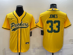 Wholesale Cheap Men\'s Green Bay Packers #33 Aaron Jones Yellow With Patch Cool Base Stitched Baseball Jersey