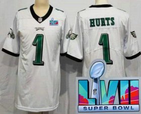Cheap Women\'s Philadelphia Eagles #1 Jalen Hurts Limited White Super Bowl LVII Vapor Jersey