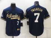 Wholesale Cheap Men's Atlanta Braves #7 Dansby Swanson Navy Blue 2021 World Series Champions Golden Edition Stitched Cool Base Nike Jersey