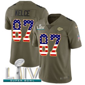 Wholesale Cheap Nike Chiefs #87 Travis Kelce Olive/USA Flag Super Bowl LIV 2020 Youth Stitched NFL Limited 2017 Salute To Service Jersey