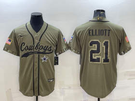 Wholesale Cheap Men\'s Dallas Cowboys #21 Ezekiel Elliott 2022 Olive Salute to Service Cool Base Stitched Baseball Jersey