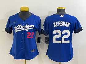 Wholesale Cheap Women\'s Los Angeles Dodgers #22 Clayton Kershaw Blue 2021 City Connect Number Cool Base Stitched Jersey