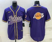Cheap Men's Los Angeles Lakers Purple Team Big Logo Cool Base Stitched Baseball Jersey